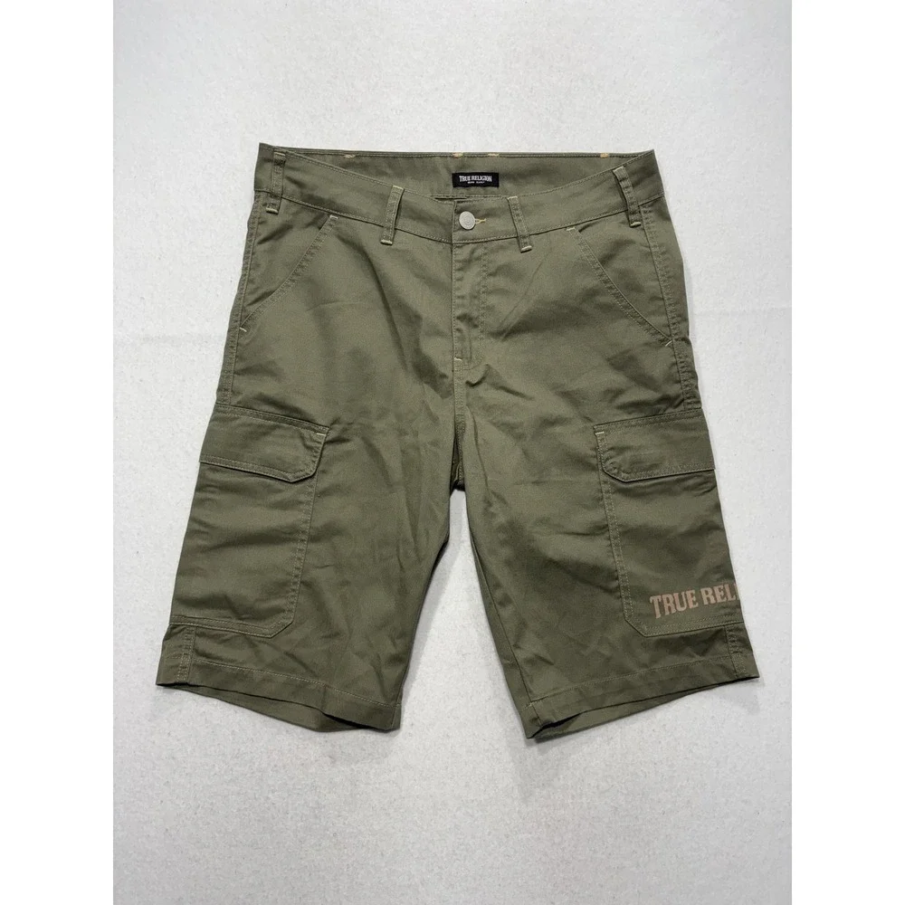 True Religion Mens 32 Green Cargo Shorts Canvas Utility Logo 12in Inseam Outdoor